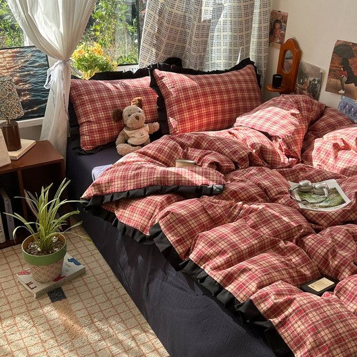 91家纺网 家纺一手货源 找家纺 （总）韩巢家纺 2025新款双层纱经典复古风格子被套四件套直播热销款学生宿舍寝室床单三件套