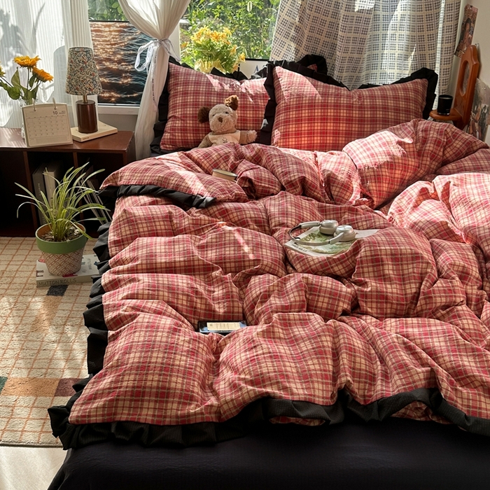 91家纺网 家纺一手货源 找家纺 （总）韩巢家纺 2025新款双层纱经典复古风格子被套四件套直播热销款学生宿舍寝室床单三件套