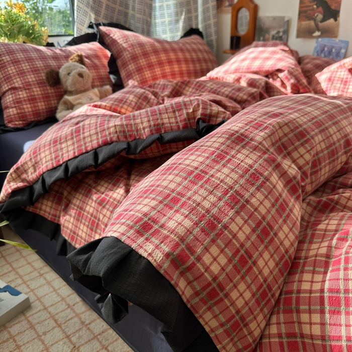 91家纺网 家纺一手货源 找家纺 （总）韩巢家纺 2025新款双层纱经典复古风格子被套四件套直播热销款学生宿舍寝室床单三件套