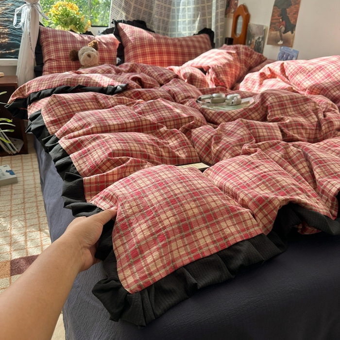 91家纺网 家纺一手货源 找家纺 （总）韩巢家纺 2025新款双层纱经典复古风格子被套四件套直播热销款学生宿舍寝室床单三件套