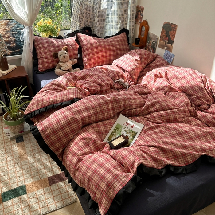 91家纺网 家纺一手货源 找家纺 （总）韩巢家纺 2025新款双层纱经典复古风格子被套四件套直播热销款学生宿舍寝室床单三件套