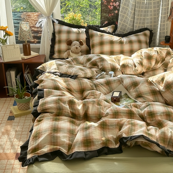 91家纺网 家纺一手货源 找家纺 （总）韩巢家纺 2025新款双层纱经典复古风格子被套四件套直播热销款学生宿舍寝室床单三件套