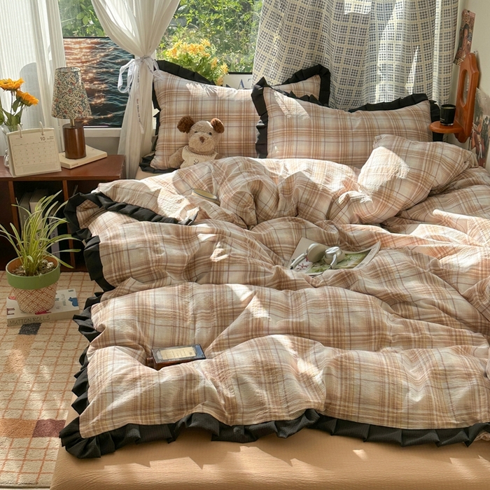 91家纺网 家纺一手货源 找家纺 （总）韩巢家纺 2025新款双层纱经典复古风格子被套四件套直播热销款学生宿舍寝室床单三件套