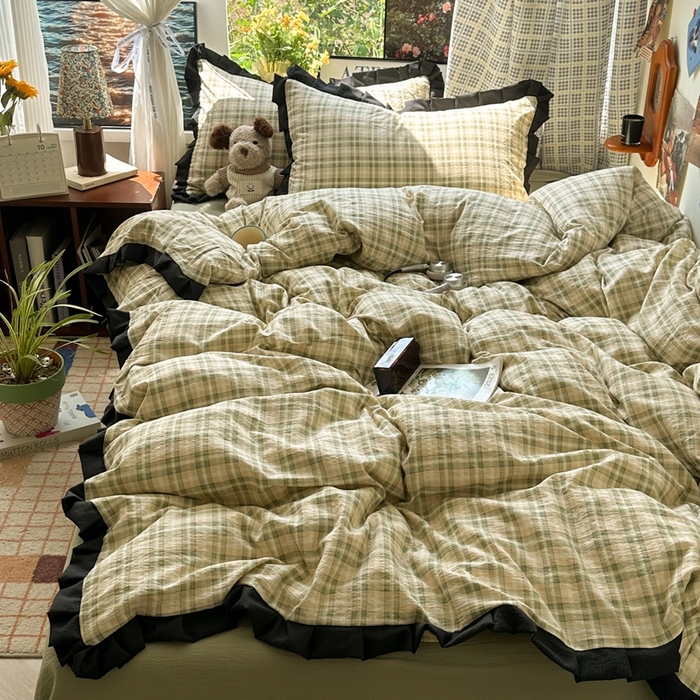 91家纺网 家纺一手货源 找家纺 （总）韩巢家纺 2025新款双层纱经典复古风格子被套四件套直播热销款学生宿舍寝室床单三件套