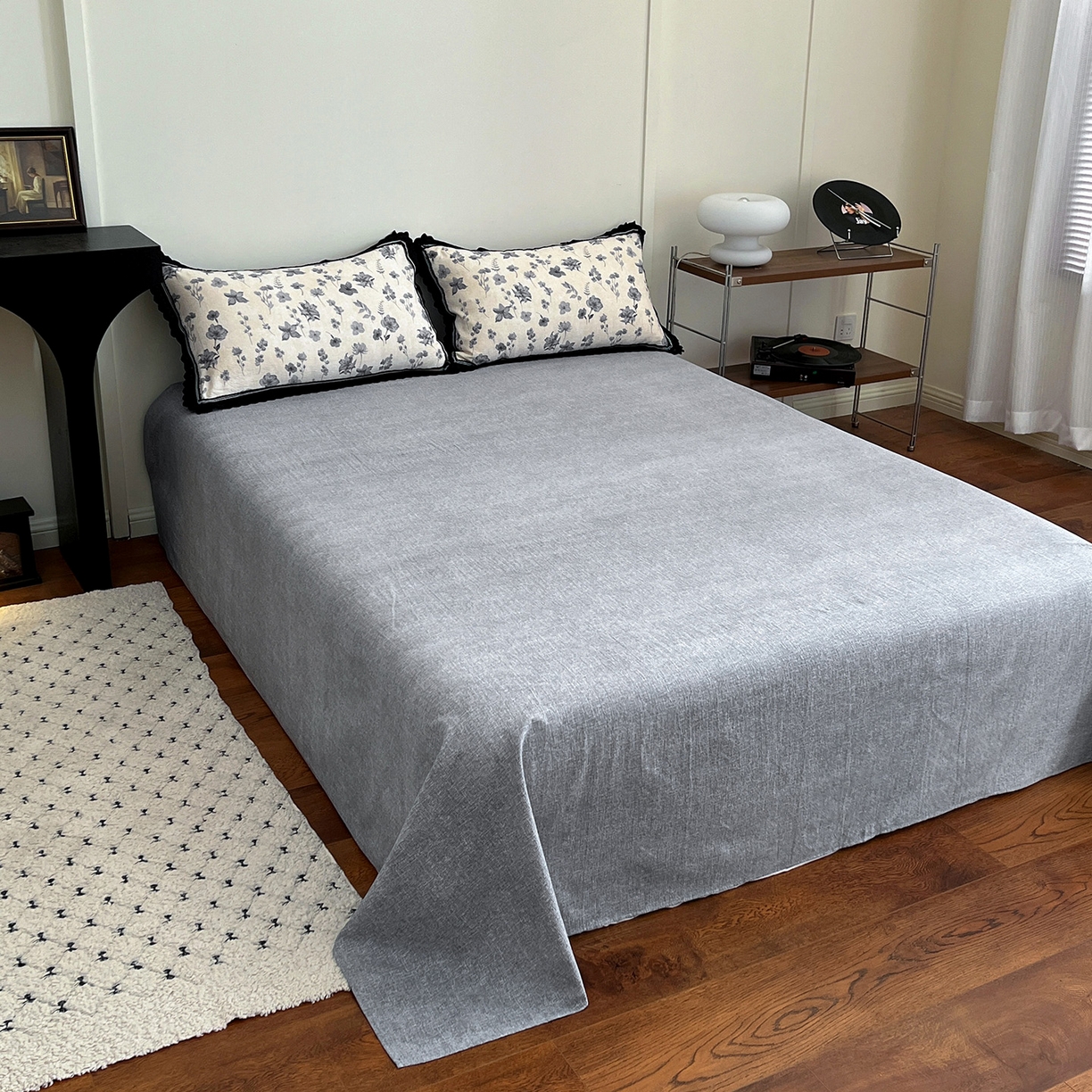 91家纺网 家纺一手货源 找家纺 富米莱（原臻工厂） 2025秋冬新品加厚高克重原麻复古风亚麻高端全棉黑色花边床盖床单四件套 复古黑花边一兰亭序