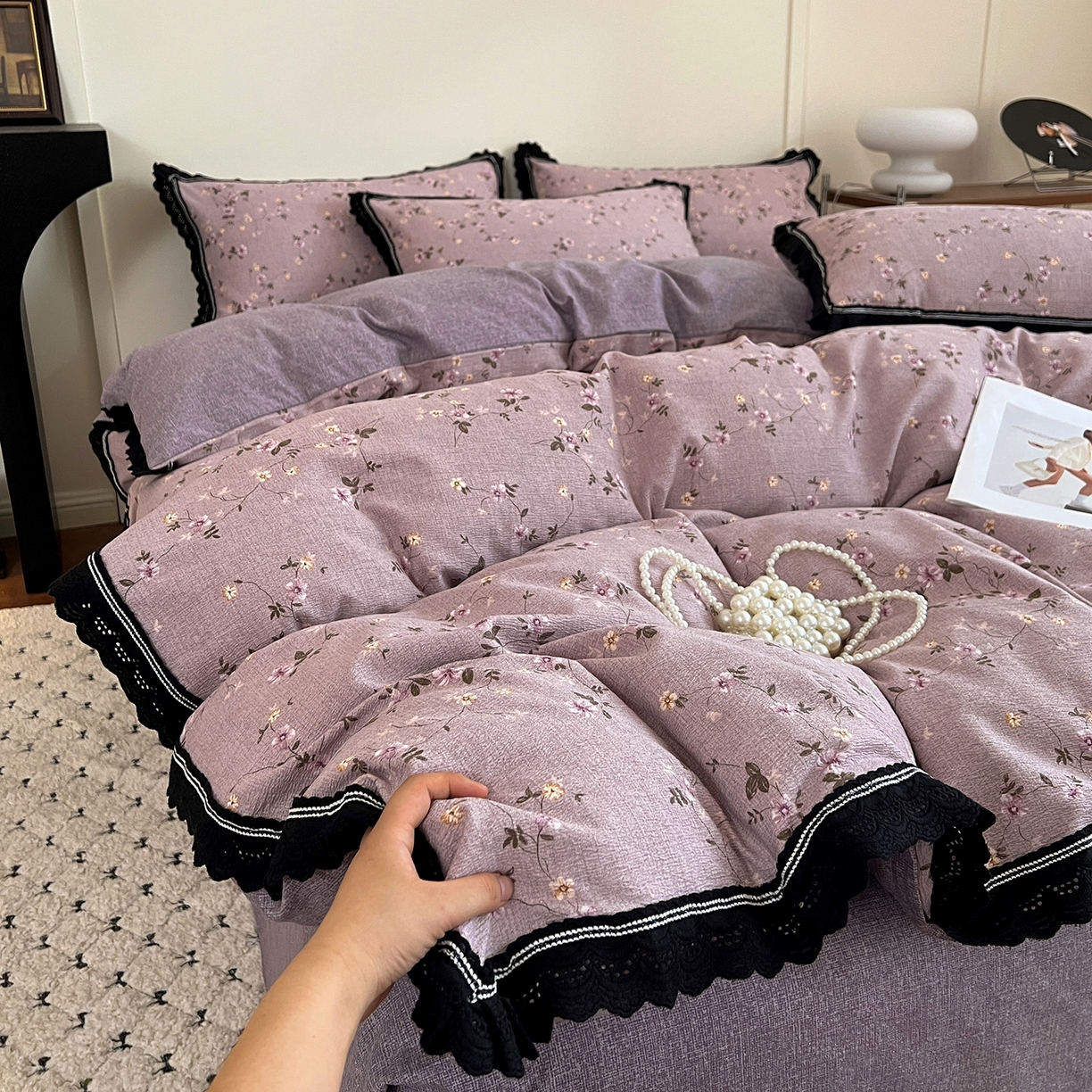 富米莱（原臻工厂） 2025秋冬新品加厚高克重原麻复古风亚麻高端全棉黑色花边床盖床单四件套 复古黑花边一秋色宜人