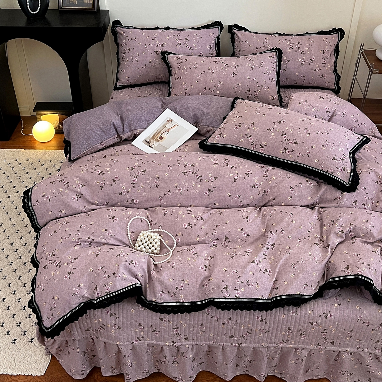 91家纺网 家纺一手货源 找家纺 富米莱（原臻工厂） 2025秋冬新品加厚高克重原麻复古风亚麻高端全棉黑色花边床盖床单四件套 复古黑花边一秋色宜人