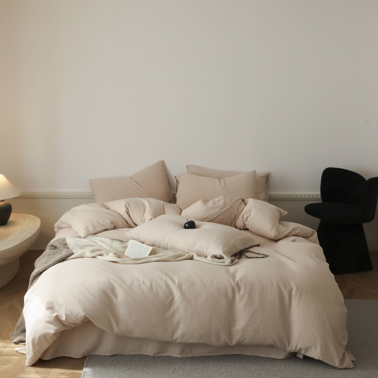 91家纺网 家纺一手货源 找家纺 玉宇阁家居 2025新款双层纱皱皱纱全棉纯棉四件套 全棉双层纱皱皱纱-暖茶