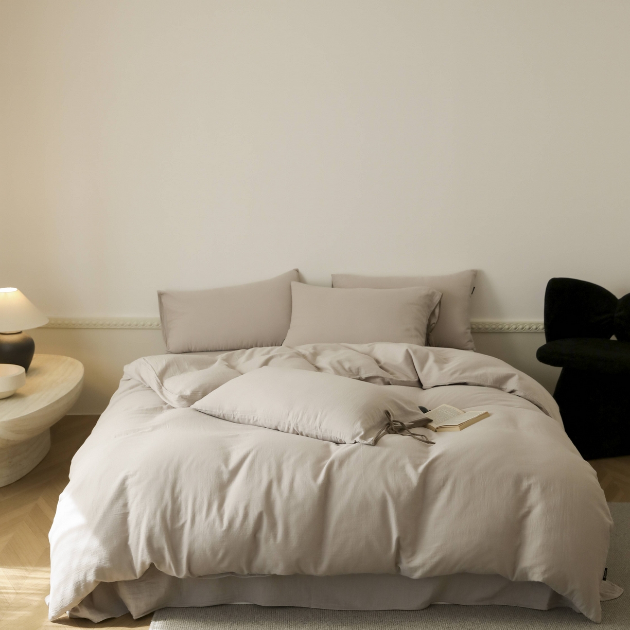 91家纺网 家纺一手货源 找家纺 玉宇阁家居 2025新款双层纱皱皱纱全棉纯棉四件套 全棉双层纱皱皱纱-浅秋