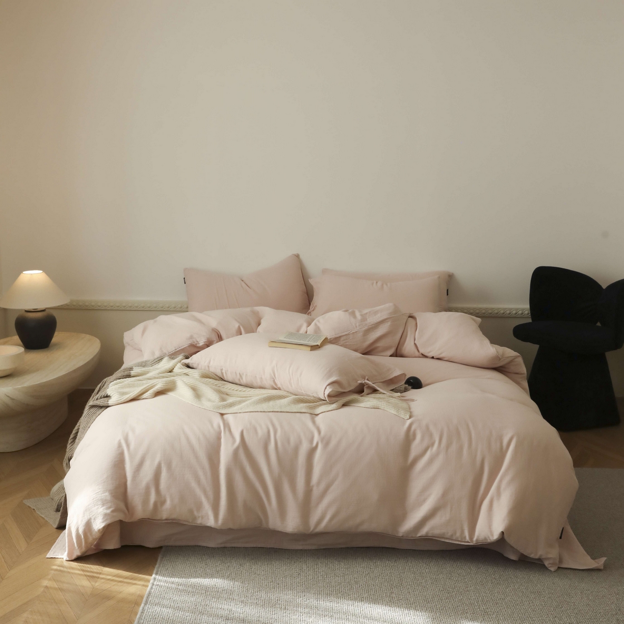 玉宇阁家居 2025新款双层纱皱皱纱全棉纯棉四件套 全棉双层纱皱皱纱-珐琅