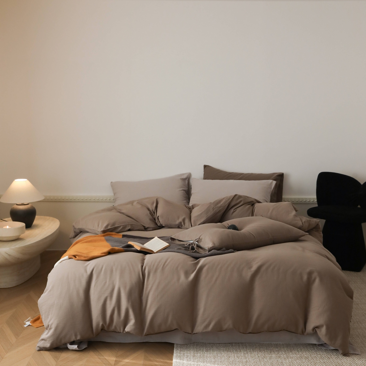 玉宇阁家居 2025新款双层纱皱皱纱全棉纯棉四件套 全棉双层纱皱皱纱-灰雾咖棕