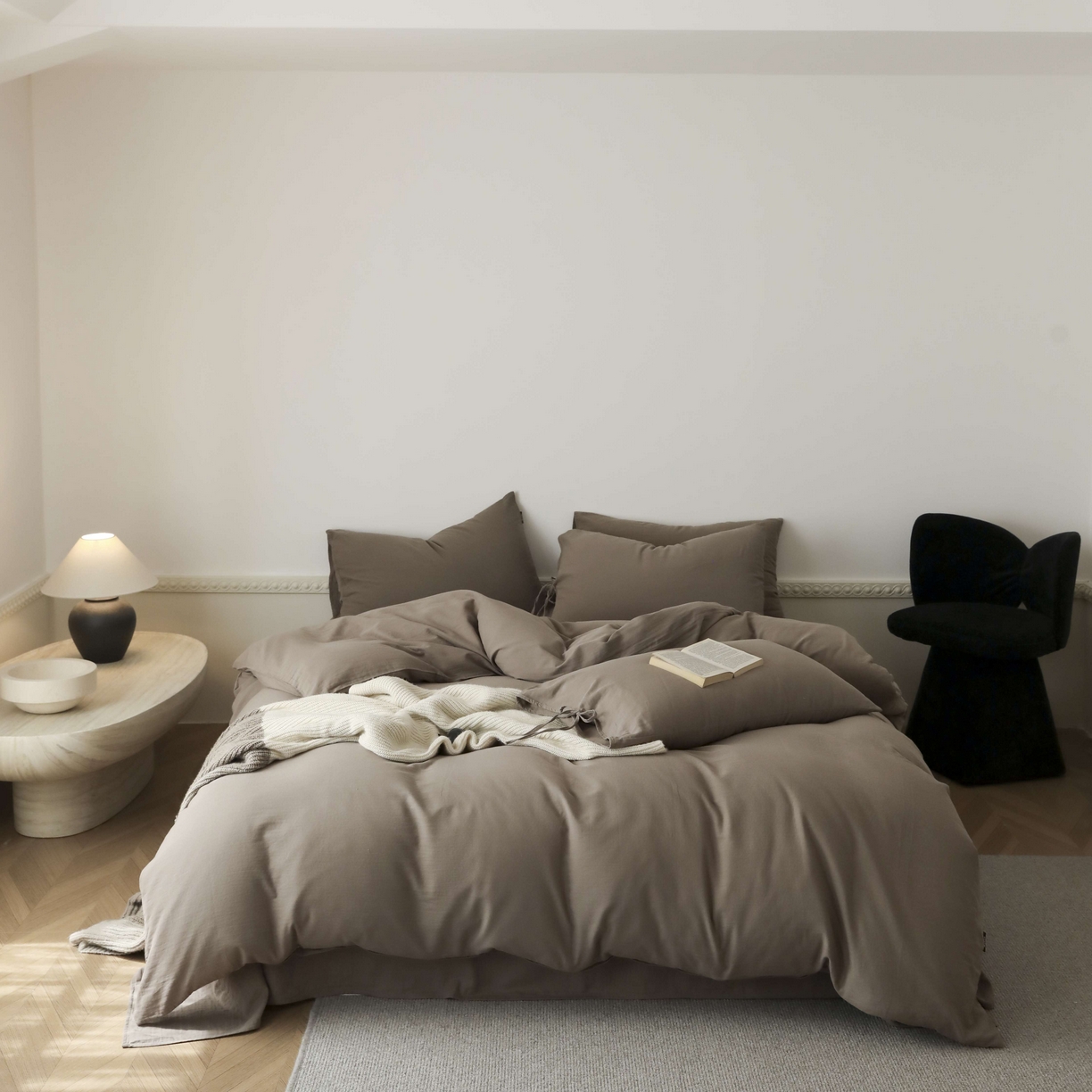 玉宇阁家居 2025新款双层纱皱皱纱全棉纯棉四件套 全棉双层纱皱皱纱-可可