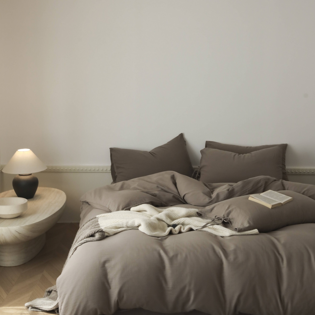 91家纺网 家纺一手货源 找家纺 玉宇阁家居 2025新款双层纱皱皱纱全棉纯棉四件套 全棉双层纱皱皱纱-可可