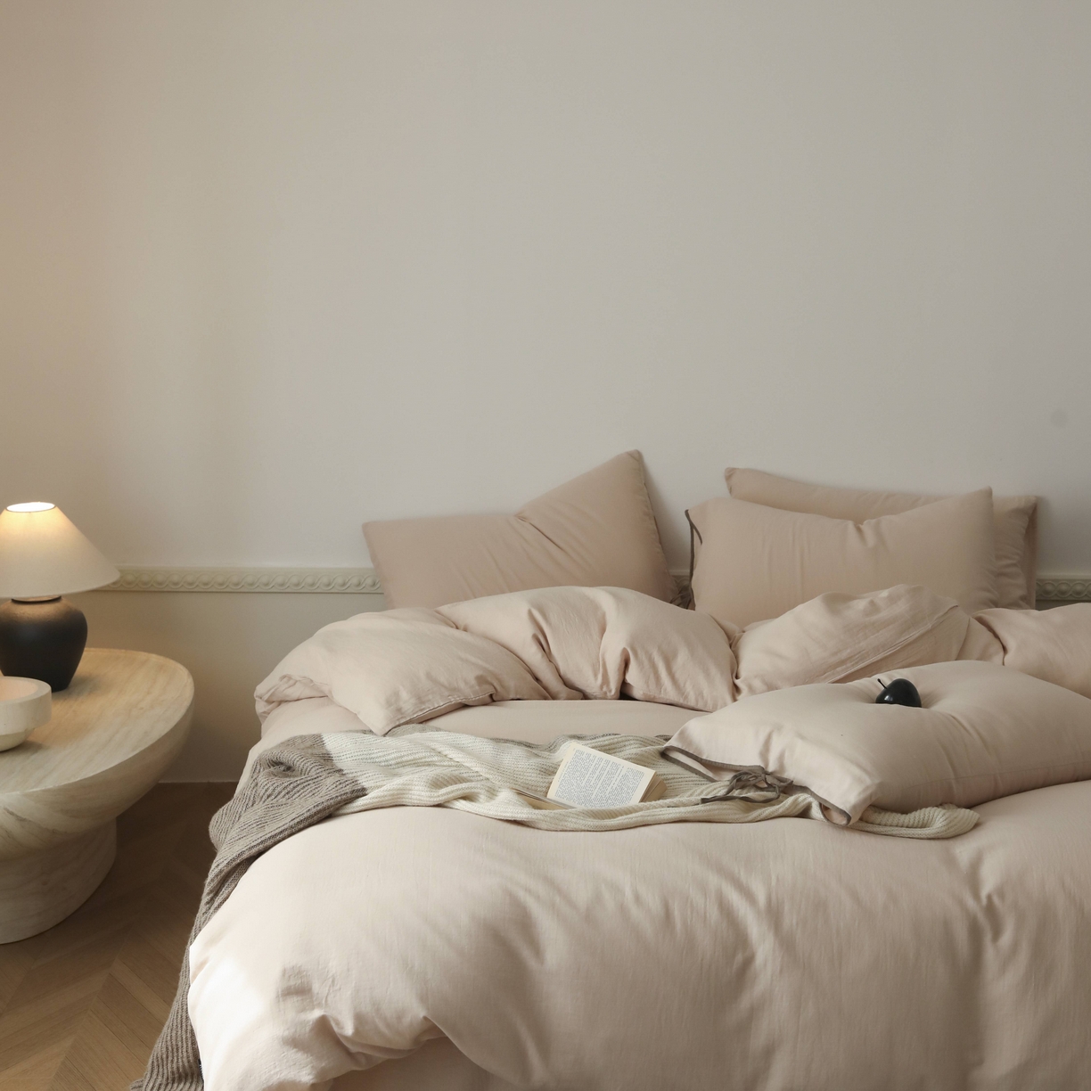 91家纺网 家纺一手货源 找家纺 玉宇阁家居 2025新款双层纱皱皱纱全棉纯棉四件套 全棉双层纱皱皱纱-暖茶