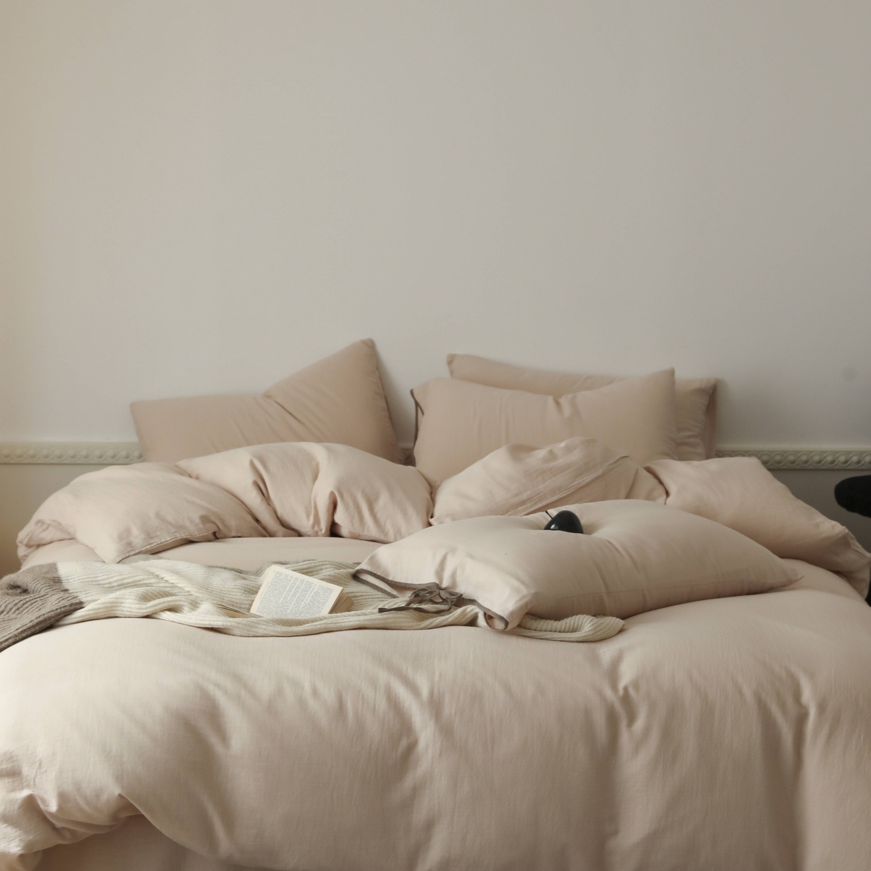 91家纺网 家纺一手货源 找家纺 玉宇阁家居 2025新款双层纱皱皱纱全棉纯棉四件套 全棉双层纱皱皱纱-暖茶