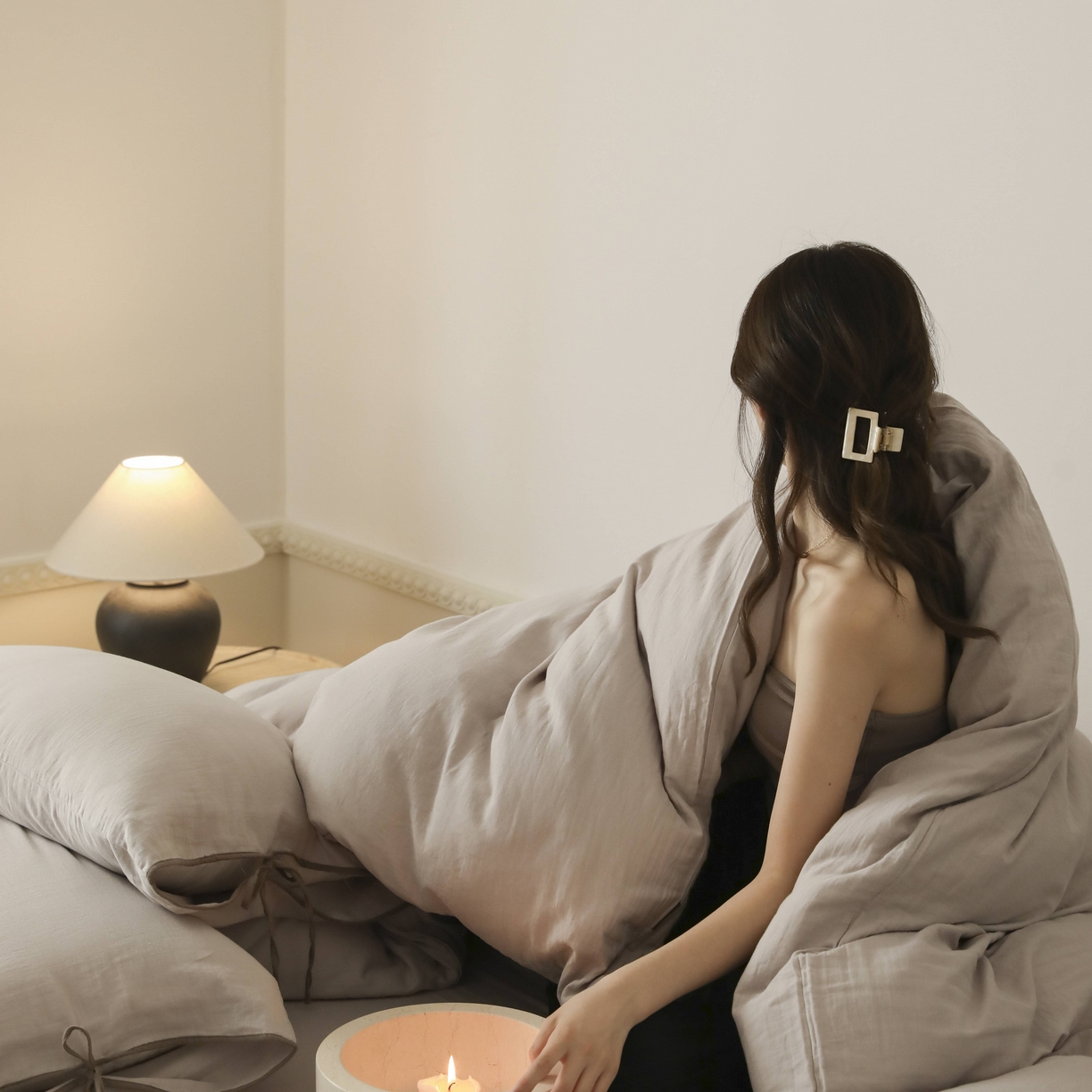 91家纺网 家纺一手货源 找家纺 玉宇阁家居 2025新款双层纱皱皱纱全棉纯棉四件套 全棉双层纱皱皱纱-浅秋