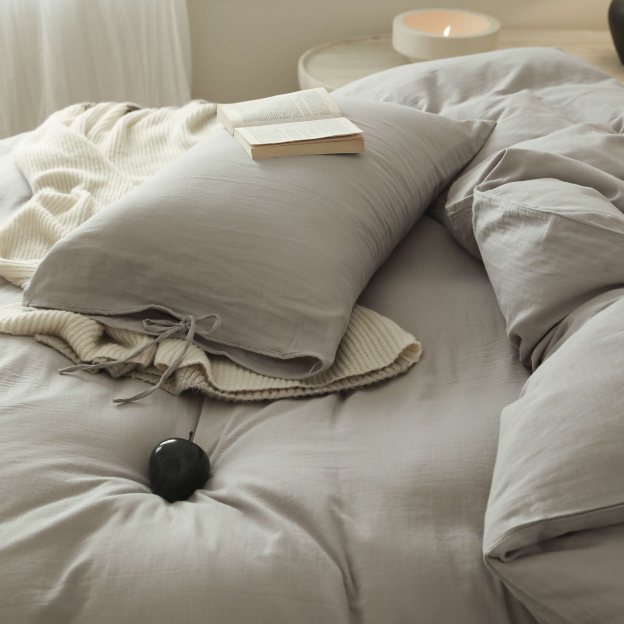 91家纺网 家纺一手货源 找家纺 玉宇阁家居 2025新款双层纱皱皱纱全棉纯棉四件套 全棉双层纱皱皱纱-云灰