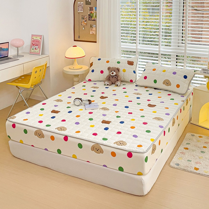 91家纺网 家纺一手货源 找家纺 富馨莱 2025新款纯棉夹棉单件床笠 波点熊