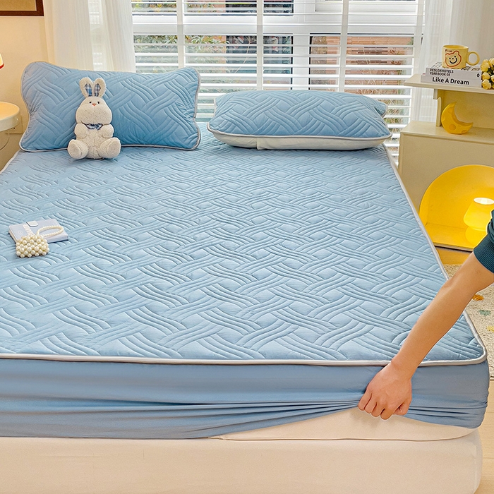 91家纺网 家纺一手货源 找家纺 富馨莱 2025新款纯棉夹棉单件床笠 纯色-蓝色