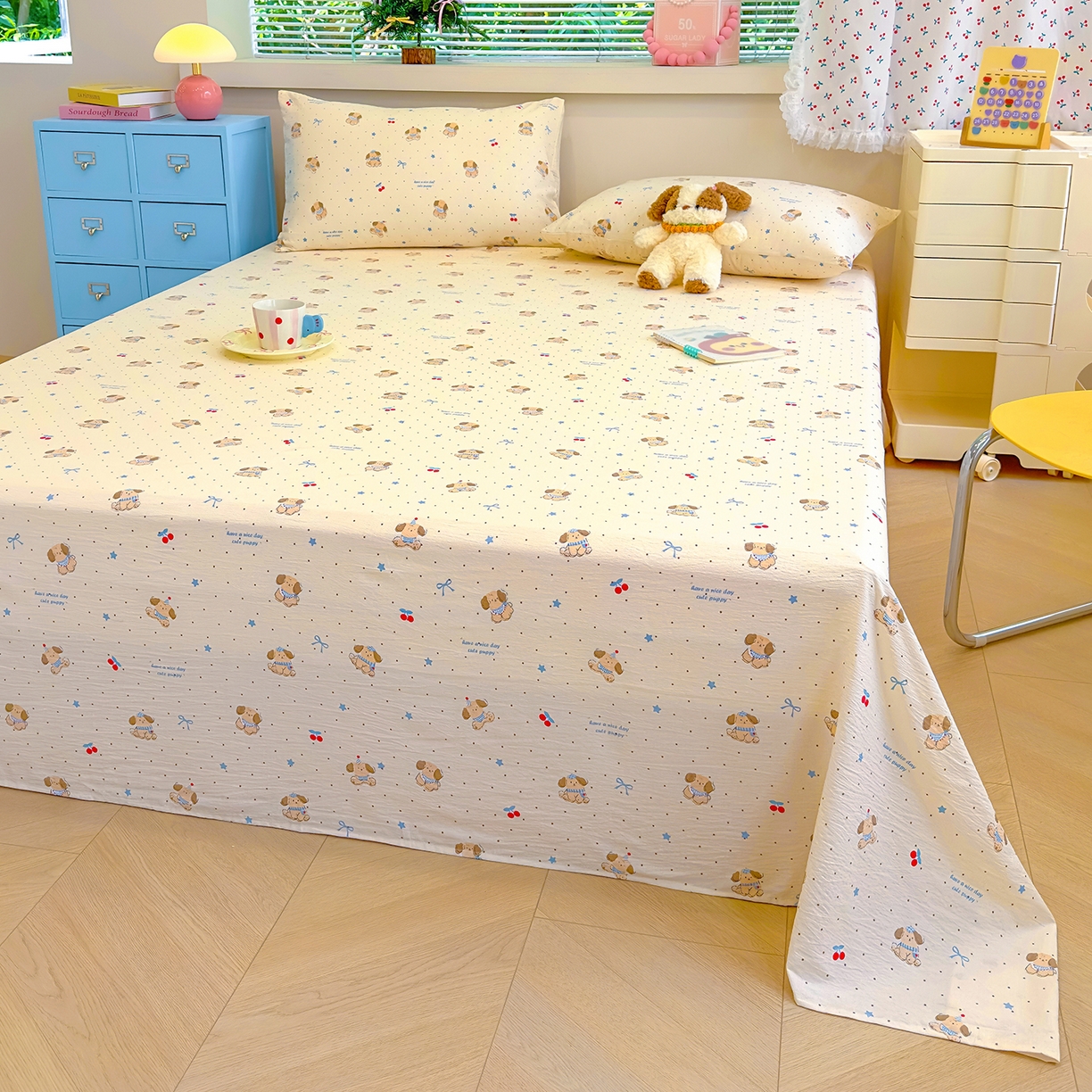 91家纺网 家纺一手货源 找家纺 颜选 2025新款A类双层纱单品床单床单单件床单三件套 旺仔小樱桃