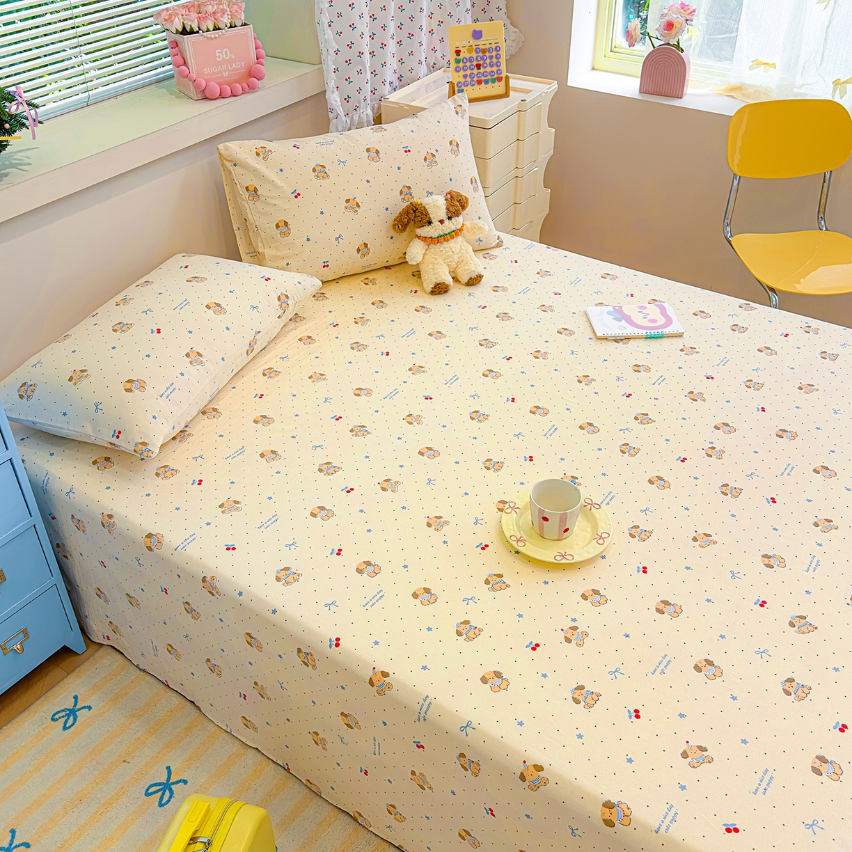 91家纺网 家纺一手货源 找家纺 颜选 2025新款A类双层纱单品床单床单单件床单三件套 旺仔小樱桃