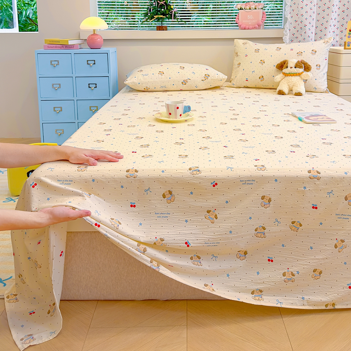 91家纺网 家纺一手货源 找家纺 颜选 2025新款A类双层纱单品床单床单单件床单三件套 旺仔小樱桃