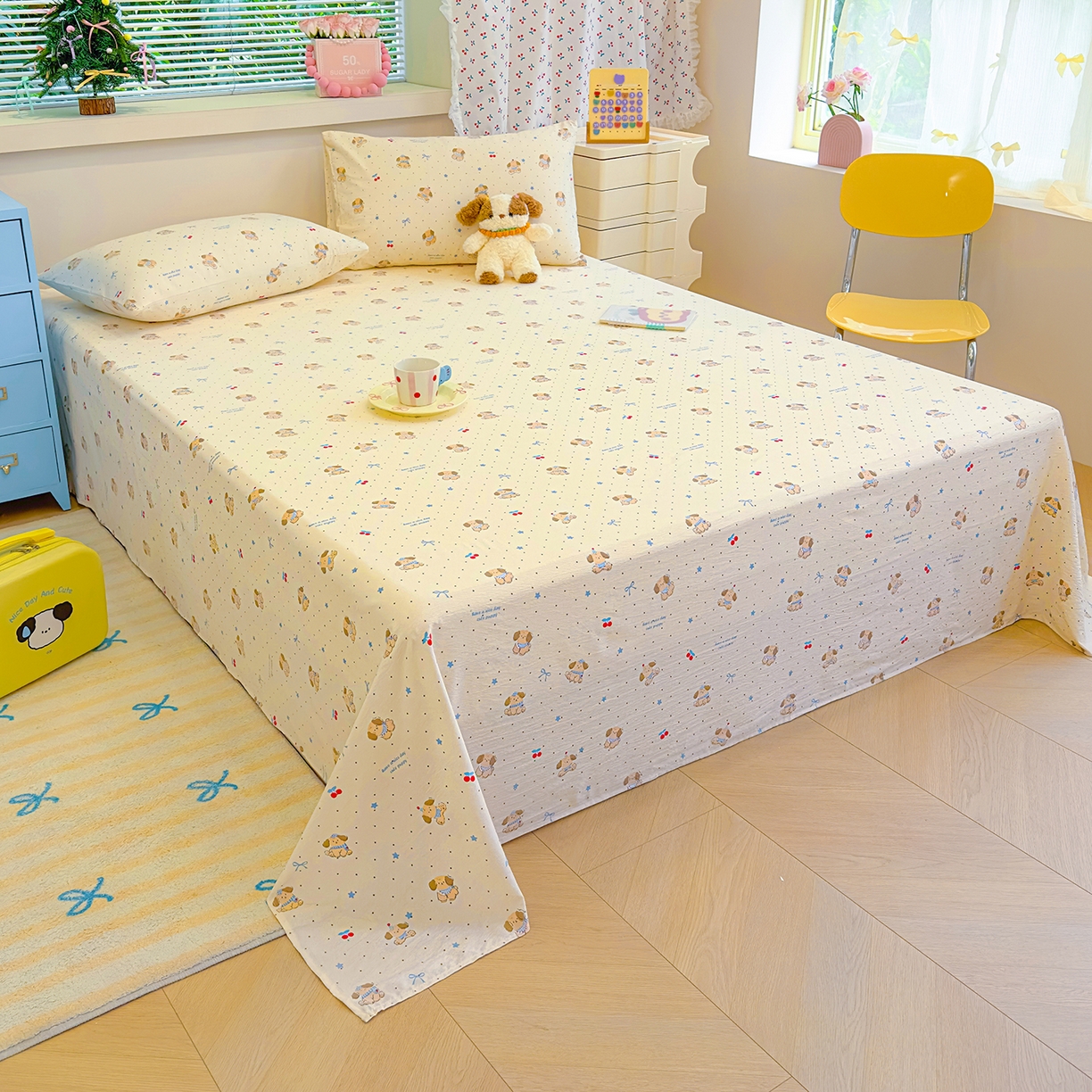 91家纺网 家纺一手货源 找家纺 颜选 2025新款A类双层纱单品床单床单单件床单三件套 旺仔小樱桃