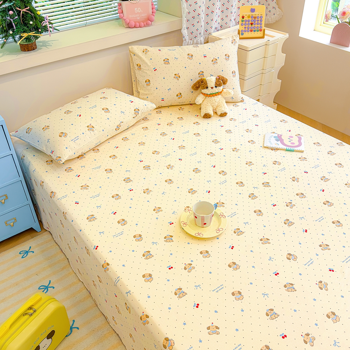 91家纺网 家纺一手货源 找家纺 颜选 2025新款A类双层纱单品床单床单单件床单三件套 旺仔小樱桃