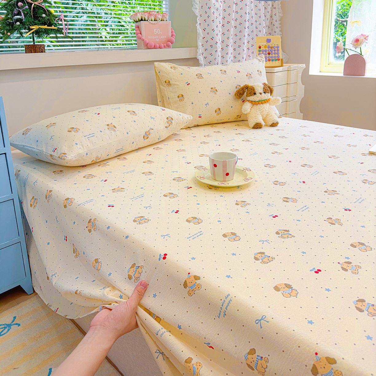 91家纺网 家纺一手货源 找家纺 颜选 2025新款A类双层纱单品床单床单单件床单三件套 旺仔小樱桃