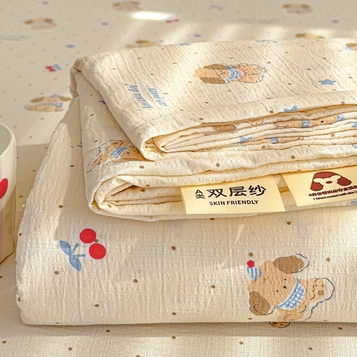 91家纺网 家纺一手货源 找家纺 颜选 2025新款A类双层纱单品床单床单单件床单三件套 旺仔小樱桃