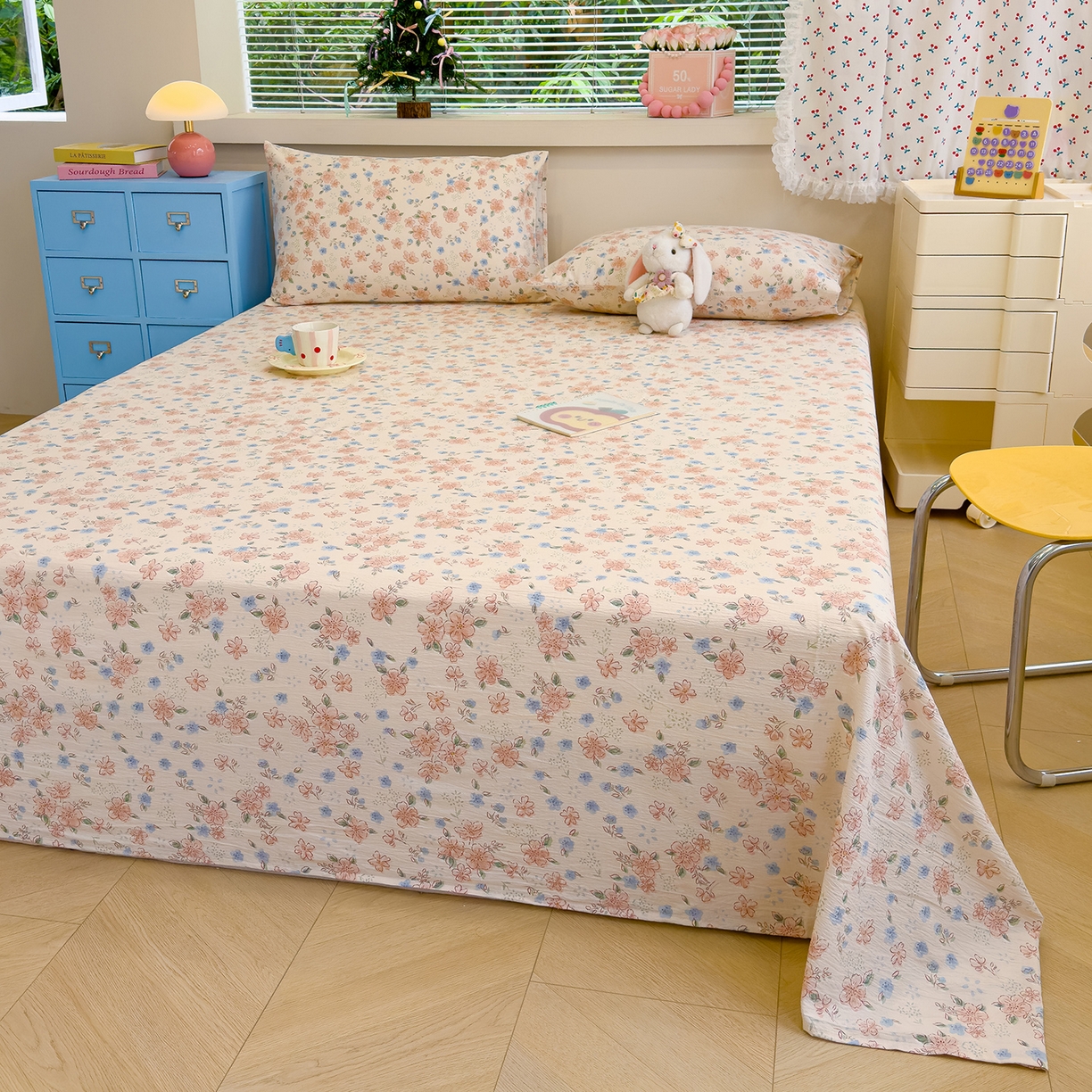 91家纺网 家纺一手货源 找家纺 颜选 2025新款A类双层纱单品床单床单单件床单三件套 秋叶