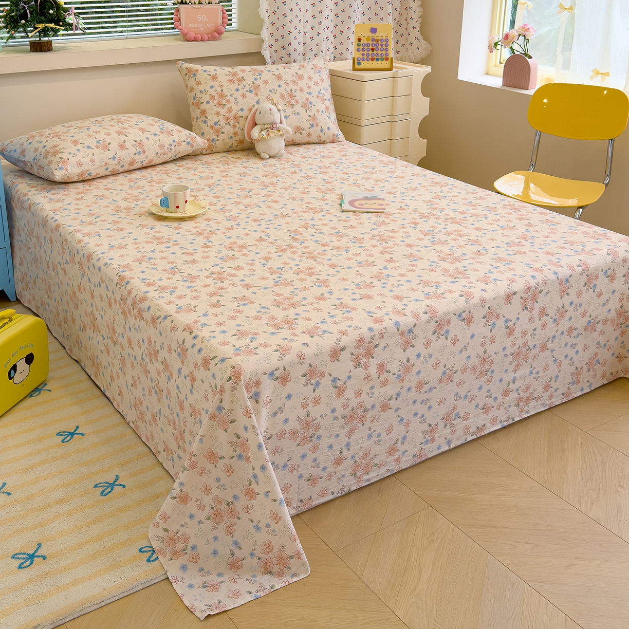 91家纺网 家纺一手货源 找家纺 颜选 2025新款A类双层纱单品床单床单单件床单三件套 秋叶