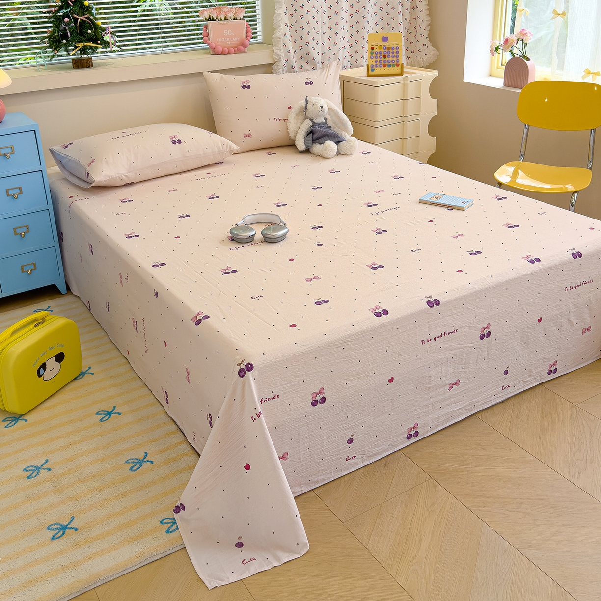 91家纺网 家纺一手货源 找家纺 颜选 2025新款A类双层纱单品床单床单单件床单三件套 樱桃