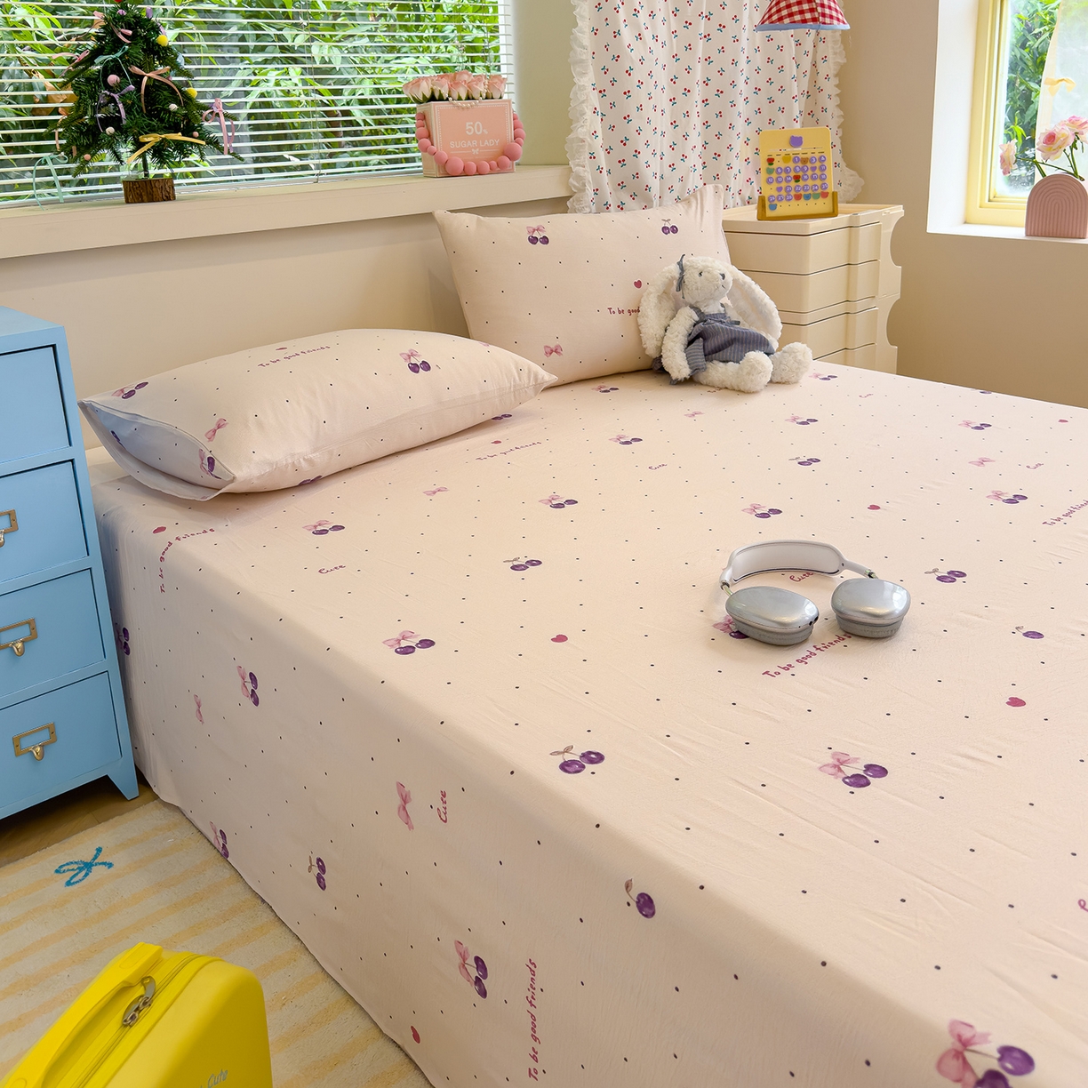 91家纺网 家纺一手货源 找家纺 颜选 2025新款A类双层纱单品床单床单单件床单三件套 樱桃