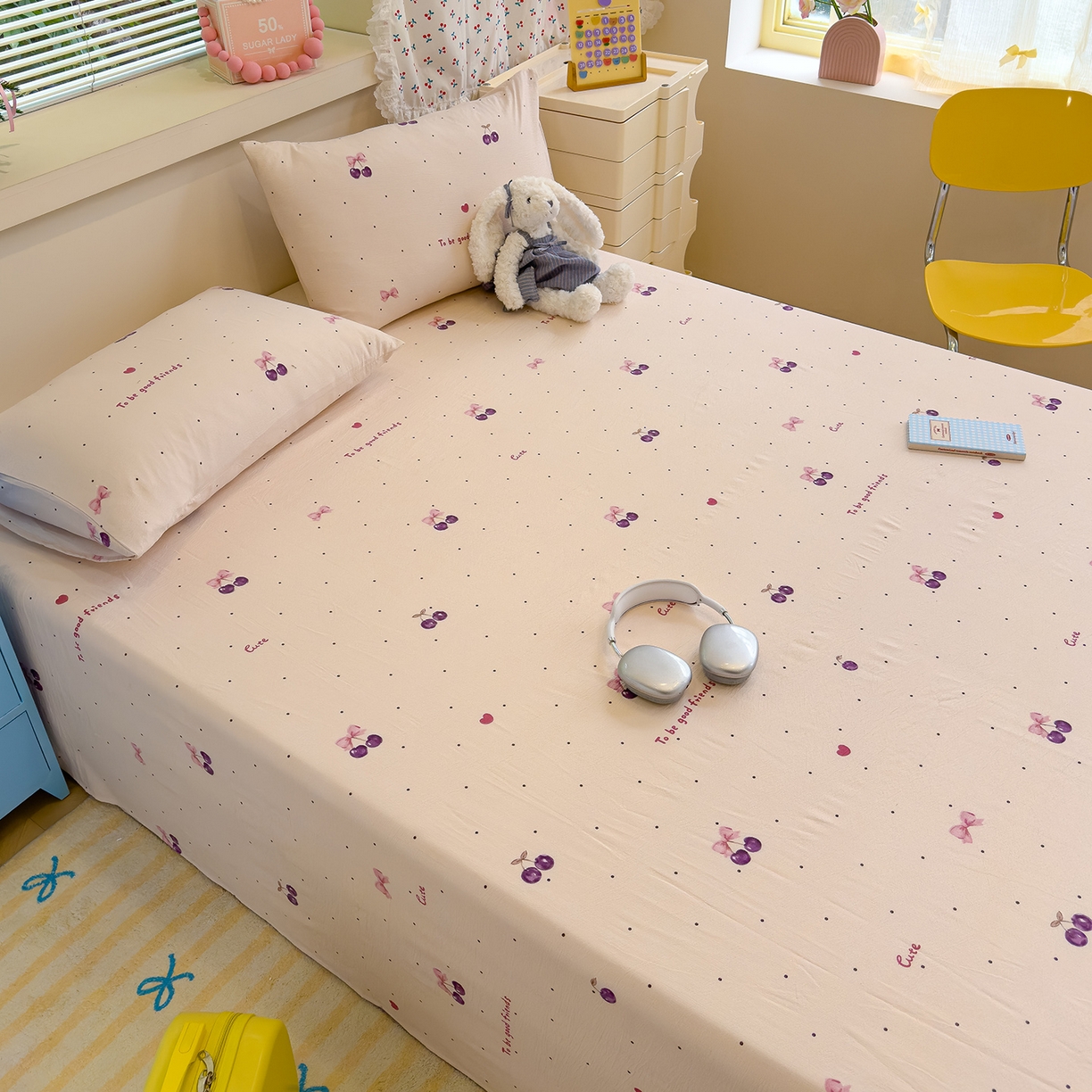 91家纺网 家纺一手货源 找家纺 颜选 2025新款A类双层纱单品床单床单单件床单三件套 樱桃