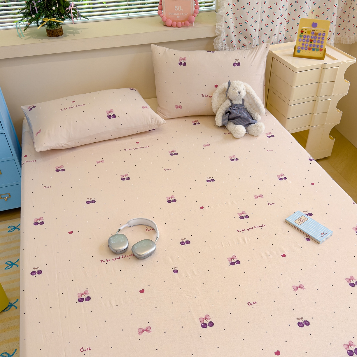 91家纺网 家纺一手货源 找家纺 颜选 2025新款A类双层纱单品床单床单单件床单三件套 樱桃