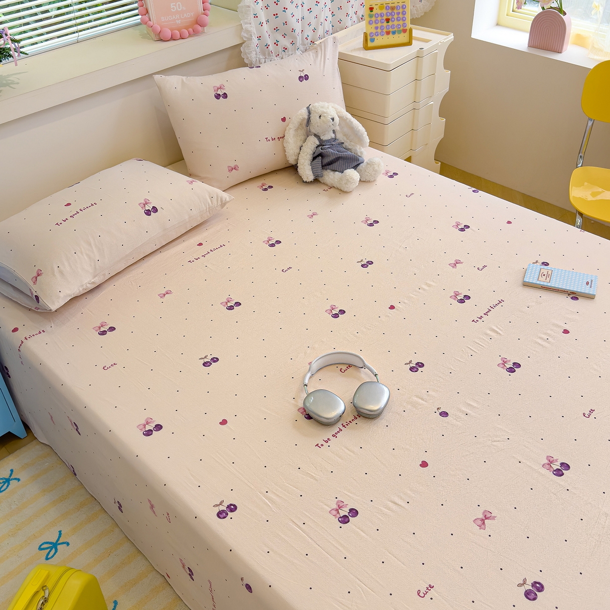 91家纺网 家纺一手货源 找家纺 颜选 2025新款A类双层纱单品床单床单单件床单三件套 樱桃