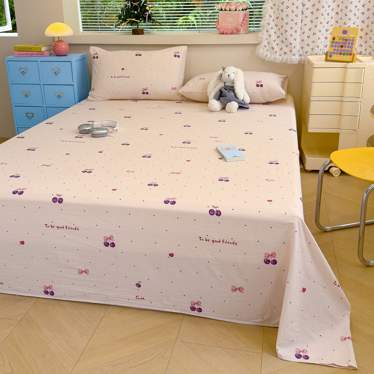 91家纺网 家纺一手货源 找家纺 颜选 2025新款A类双层纱单品床单床单单件床单三件套 樱桃