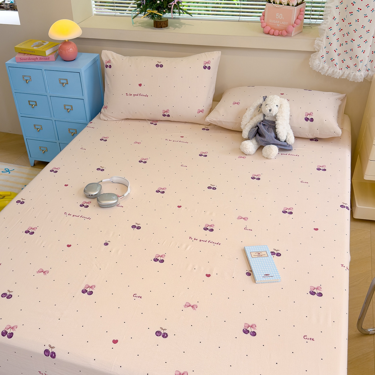 91家纺网 家纺一手货源 找家纺 颜选 2025新款A类双层纱单品床单床单单件床单三件套 樱桃