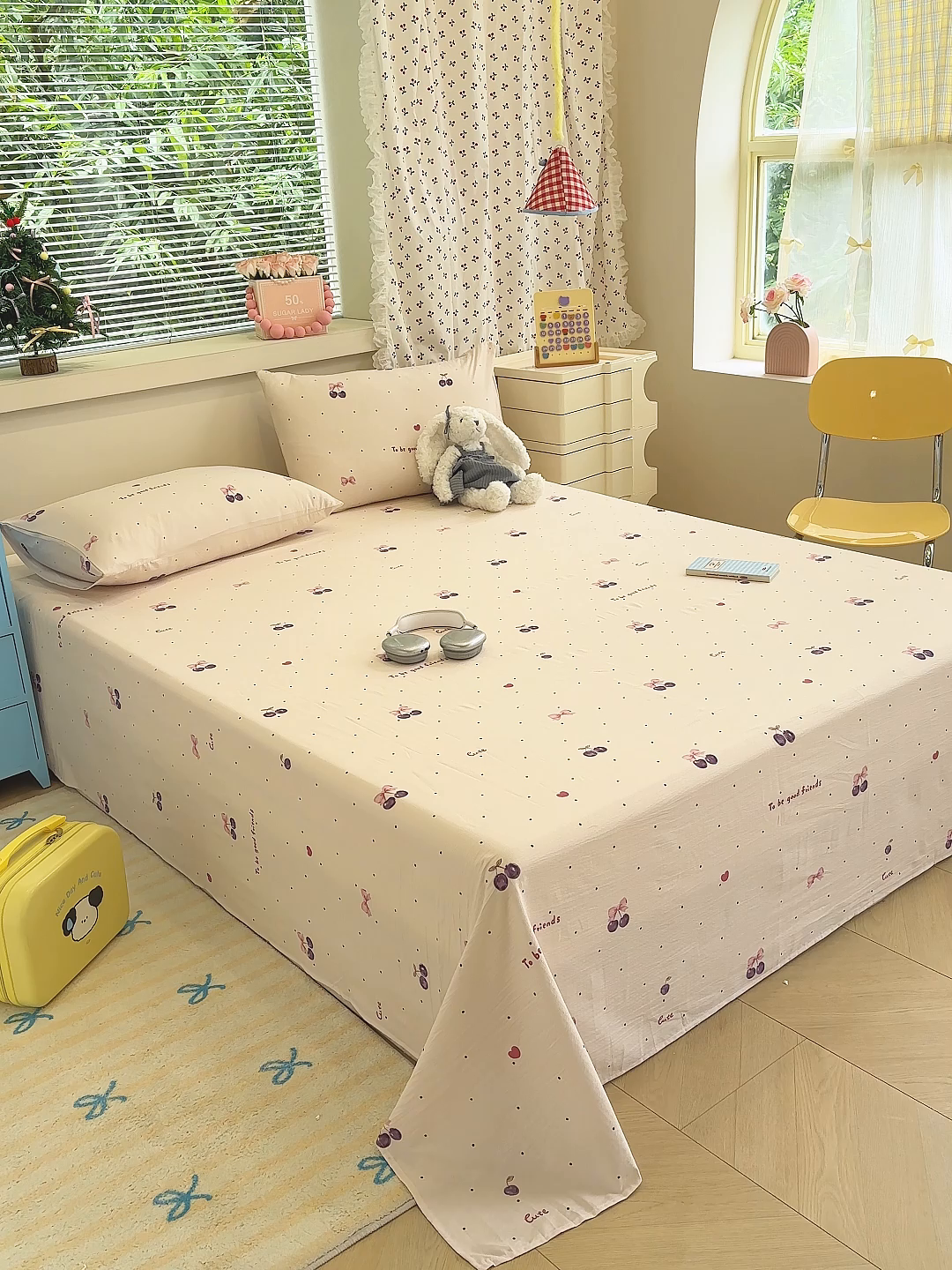 91家纺网 家纺一手货源 找家纺 颜选 2025新款A类双层纱单品床单床单单件床单三件套 樱桃