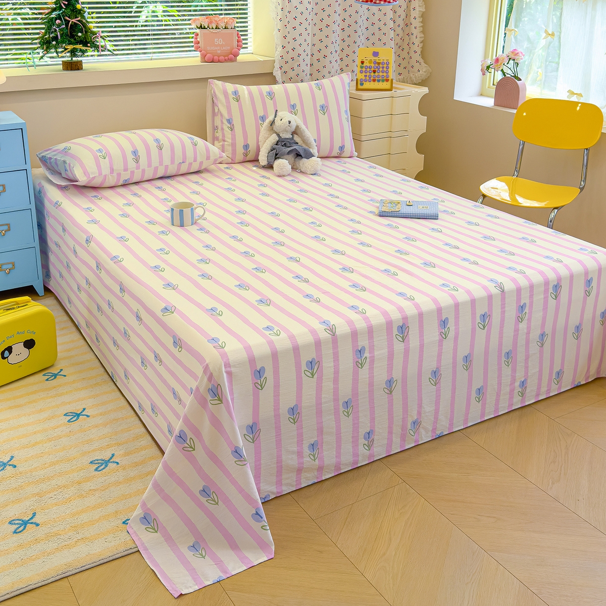 91家纺网 家纺一手货源 找家纺 颜选 2025新款A类双层纱单品床单床单单件床单三件套 柔蔓幻蓝