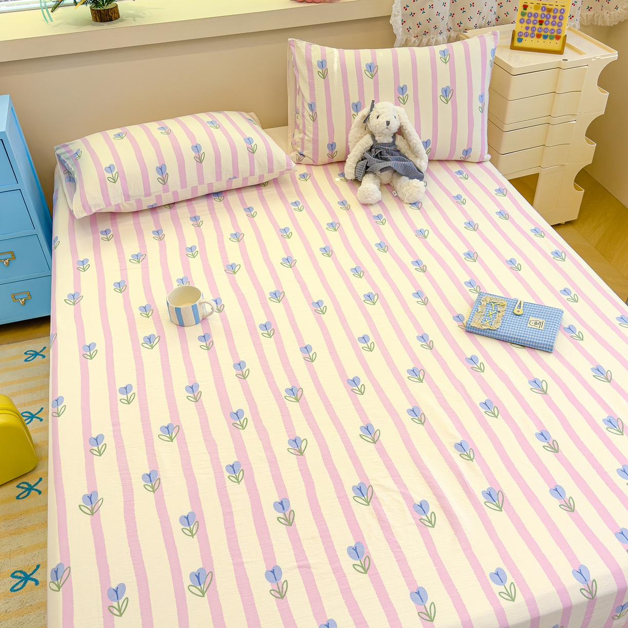 91家纺网 家纺一手货源 找家纺 颜选 2025新款A类双层纱单品床单床单单件床单三件套 柔蔓幻蓝