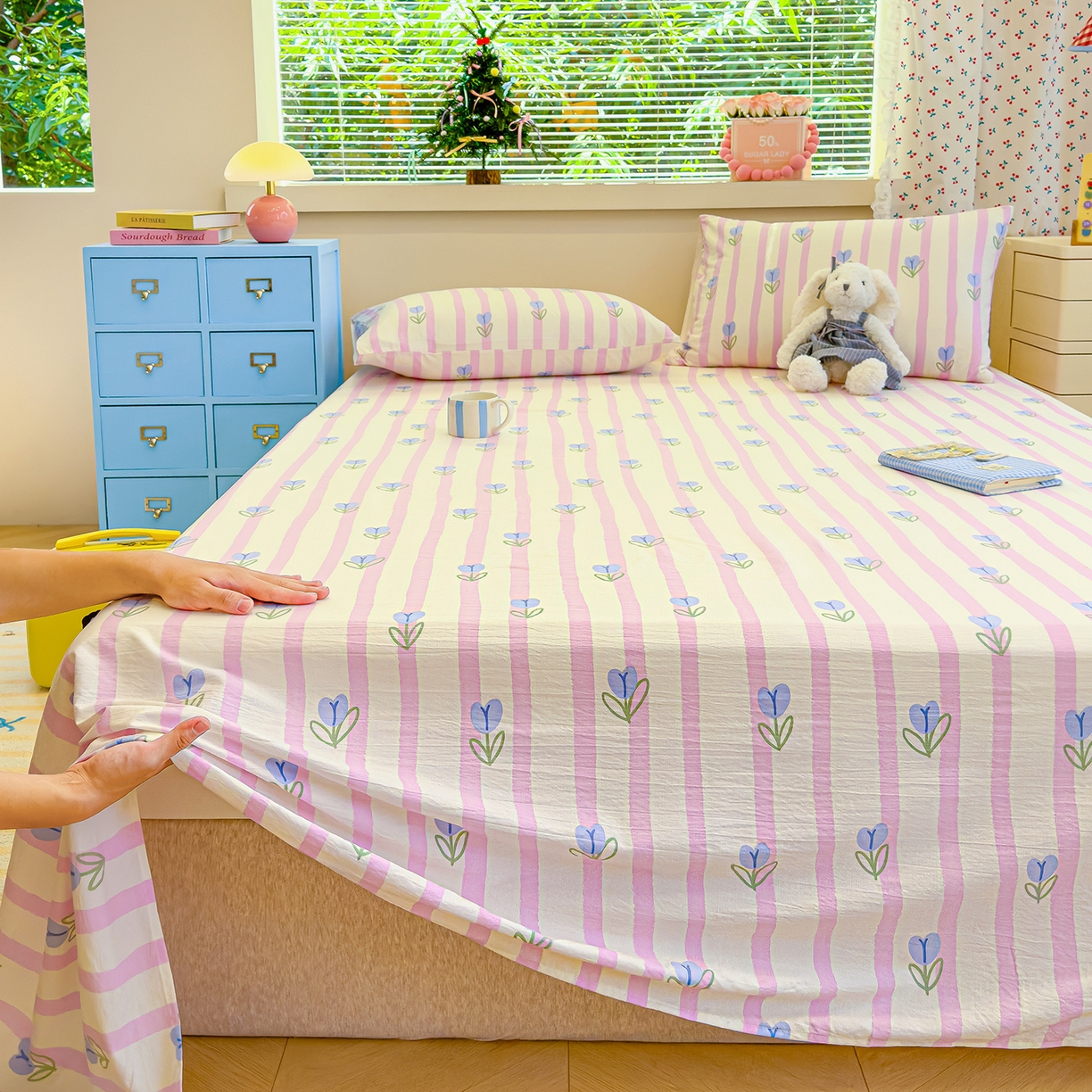 91家纺网 家纺一手货源 找家纺 颜选 2025新款A类双层纱单品床单床单单件床单三件套 柔蔓幻蓝