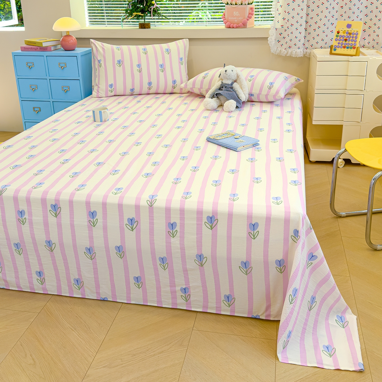 91家纺网 家纺一手货源 找家纺 颜选 2025新款A类双层纱单品床单床单单件床单三件套 柔蔓幻蓝