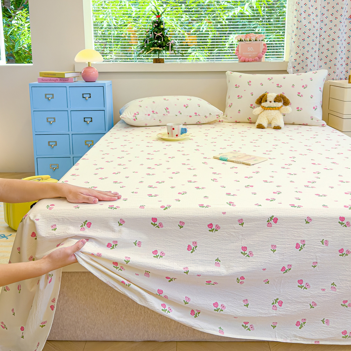 91家纺网 家纺一手货源 找家纺 颜选 2025新款A类双层纱单品床单床单单件床单三件套 相思红豆