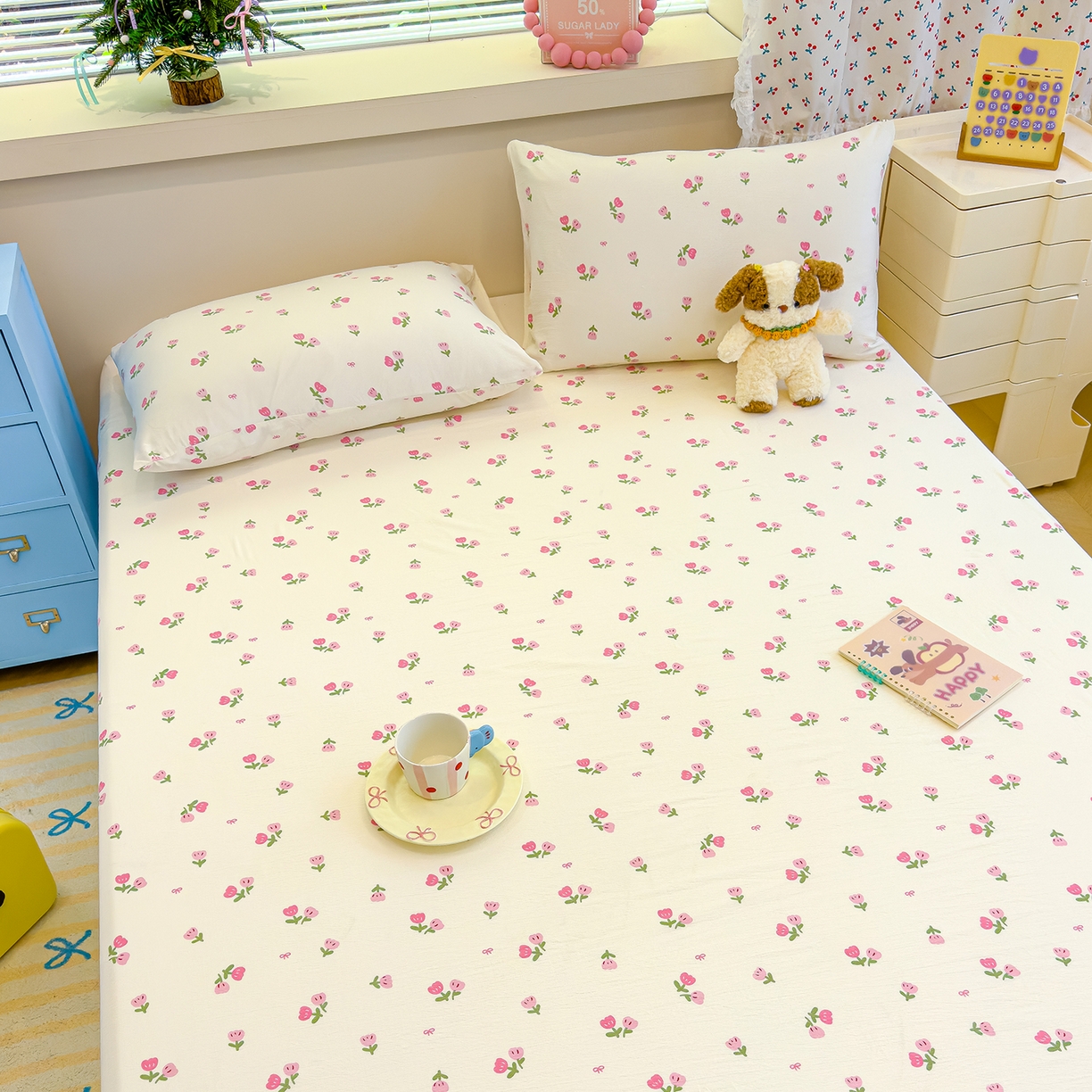 91家纺网 家纺一手货源 找家纺 颜选 2025新款A类双层纱单品床单床单单件床单三件套 相思红豆