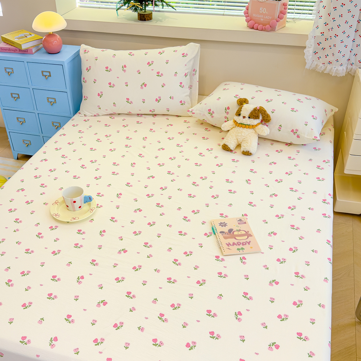 91家纺网 家纺一手货源 找家纺 颜选 2025新款A类双层纱单品床单床单单件床单三件套 相思红豆