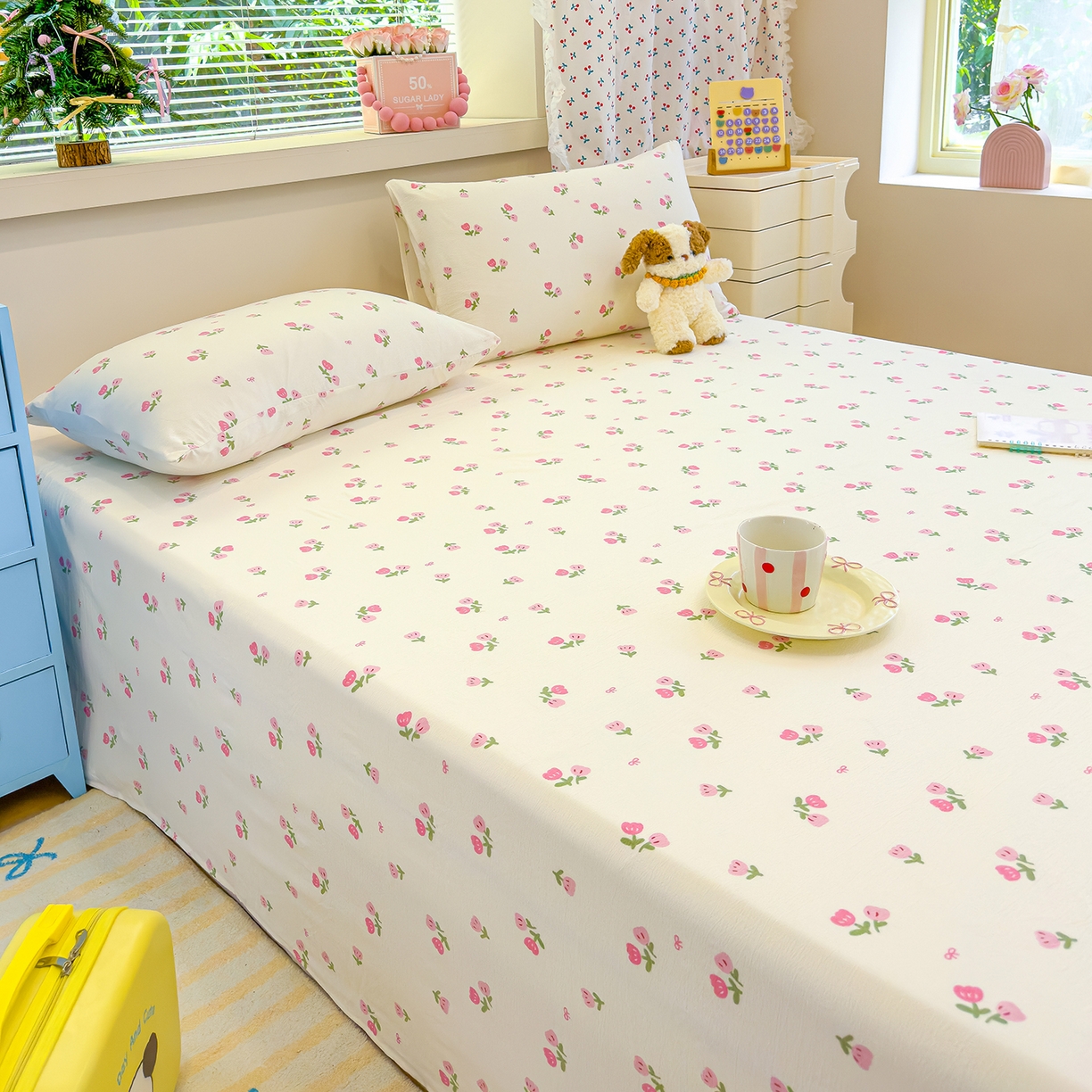 91家纺网 家纺一手货源 找家纺 颜选 2025新款A类双层纱单品床单床单单件床单三件套 相思红豆