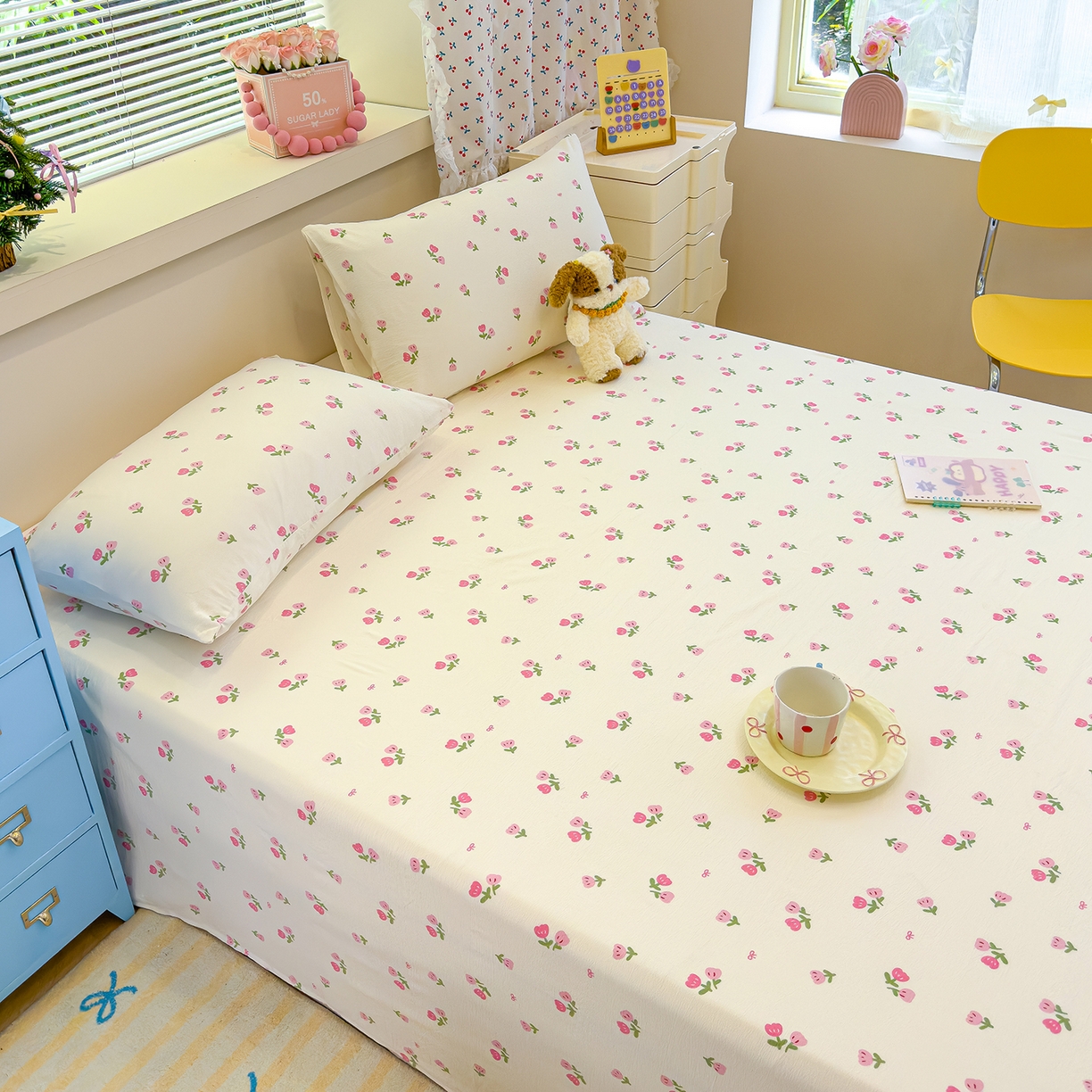 91家纺网 家纺一手货源 找家纺 颜选 2025新款A类双层纱单品床单床单单件床单三件套 相思红豆