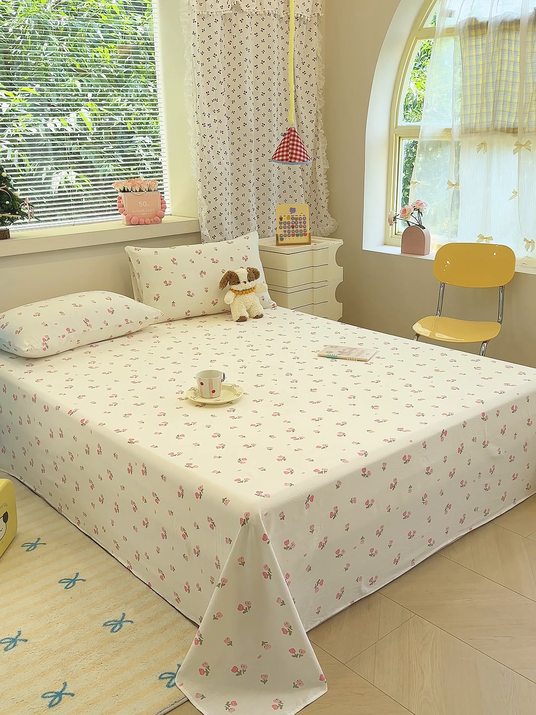 91家纺网 家纺一手货源 找家纺 颜选 2025新款A类双层纱单品床单床单单件床单三件套 相思红豆